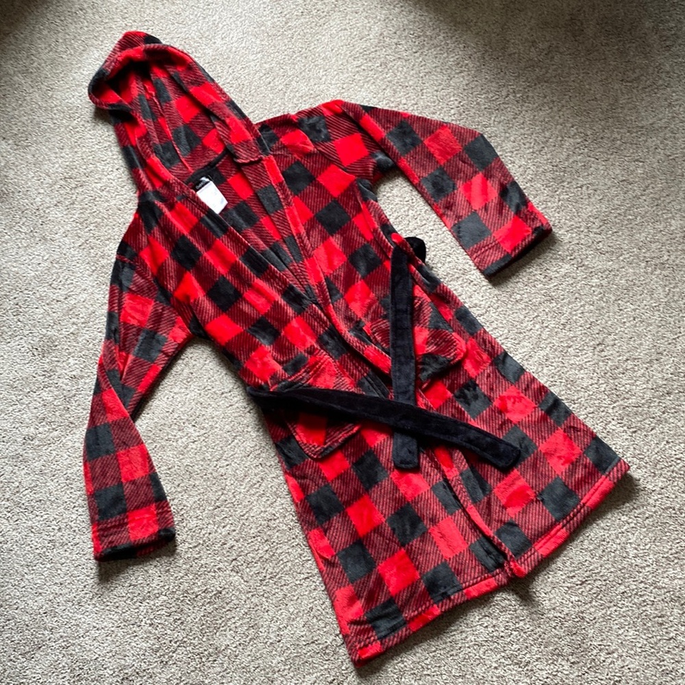 Cuddl Duds Kids red & black Buffalo Plaid hooded fleece robe size L 12/14 large